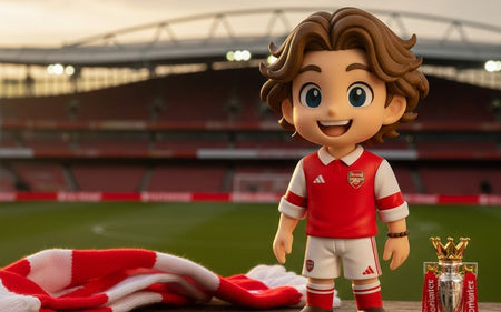 Custom 3D printed Arsenal Premier League champions figurine handcrafted from photo, displayed with a red and white scarf as a Father's Day gift