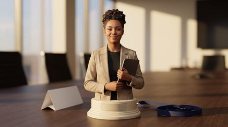 Custom 3D printed half body bust figurine of a conference speaker in a blazer on a boardroom table