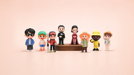 Eight different custom 3D printed figurines made from photos lined up for a corporate gift order