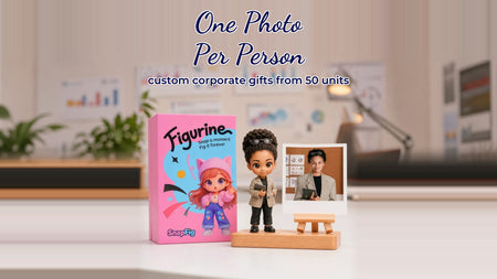 Custom 3D printed figurine corporate gift for employees, crafted from a photo and shown beside the original headshot