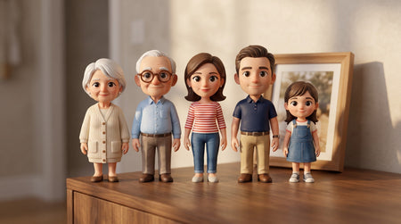 Custom 3D printed family figurines displayed together on a grandparent's hallway cabinet beside framed photographs