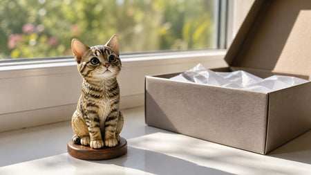 Custom 3D printed pet figurine of an adopted kitten handcrafted from a Day-One photo, displayed in a Premium Gift Box on a sunlit windowsill