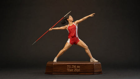 Custom 3D printed sports figurine of a female javelin thrower at full extension release, handcrafted from competition photo in premium resin
