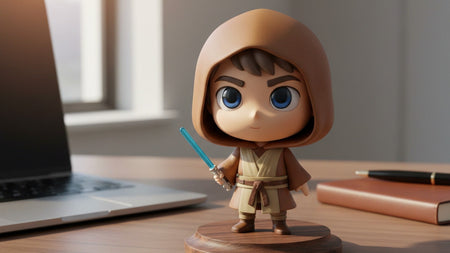 Personalized 3D printed Star Wars figurine of a fan in Jedi robes displayed as a centerpiece on a minimalist walnut office desk