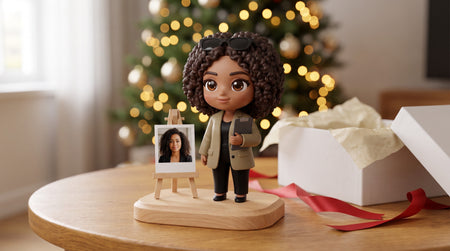 Custom 3D printed figurine of a woman on a wooden base beside an opened Christmas gift box and tree