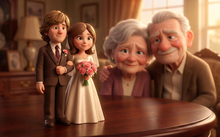 SnapFig custom 3D figurine restoring a 1974 wedding photo into full color.