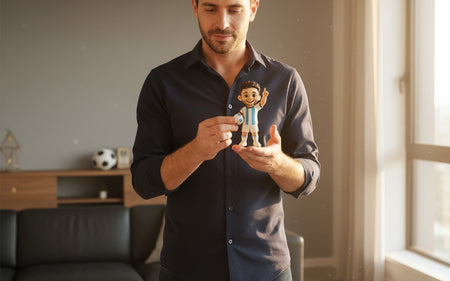Custom 3D printed World Cup fan figurine displayed on a desk next to a football scarf, handcrafted keepsake for France and Argentina supporters