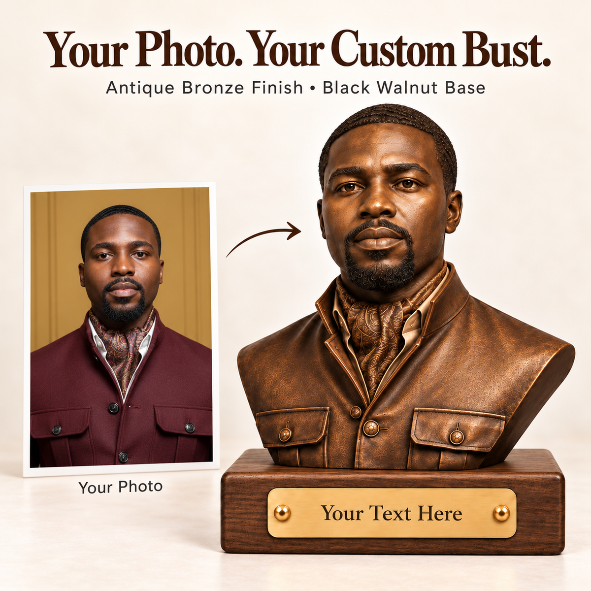Custom Portrait Bust from Photo – Antique Bronze Finish with Black Walnut Base
