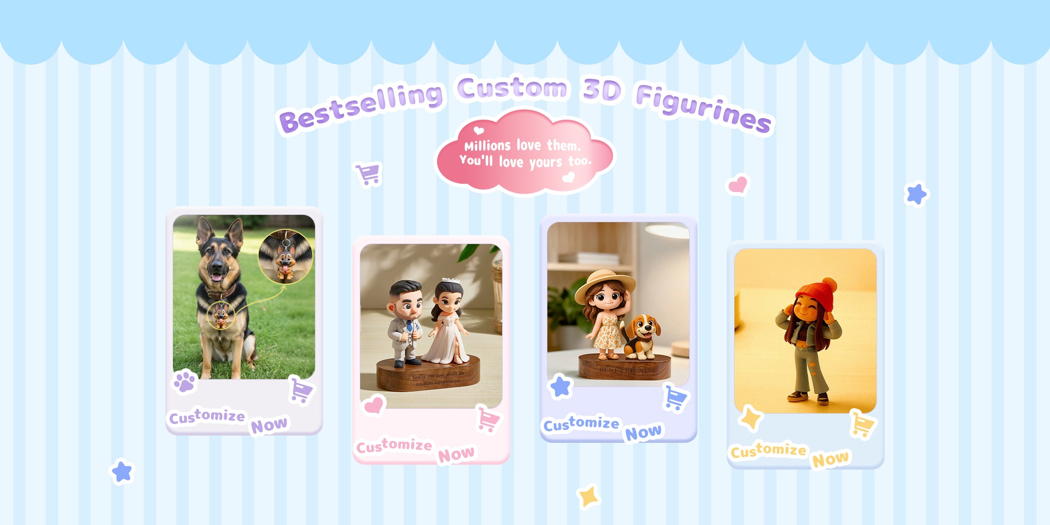 Promotional banner for custom 3D figurines with images of various figurines on a light blue background.