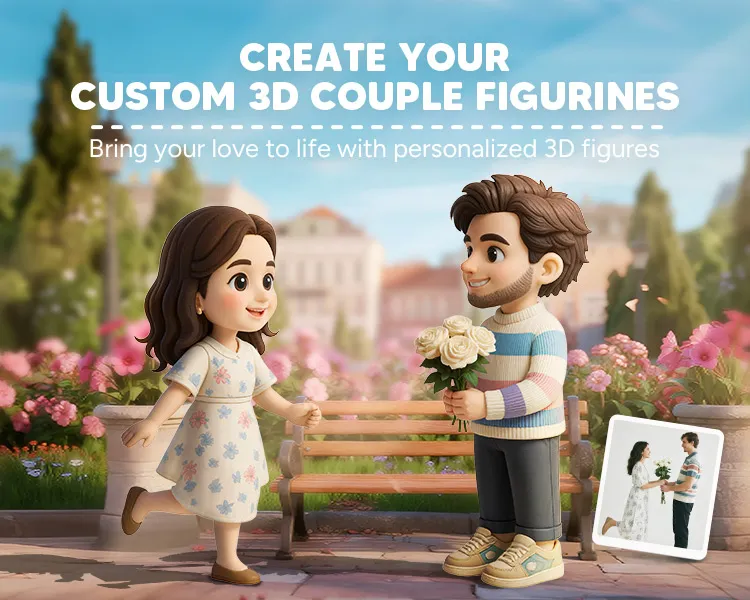 Custom 3D couple figurines with a man holding flowers and a woman in a dress, set against a park background.