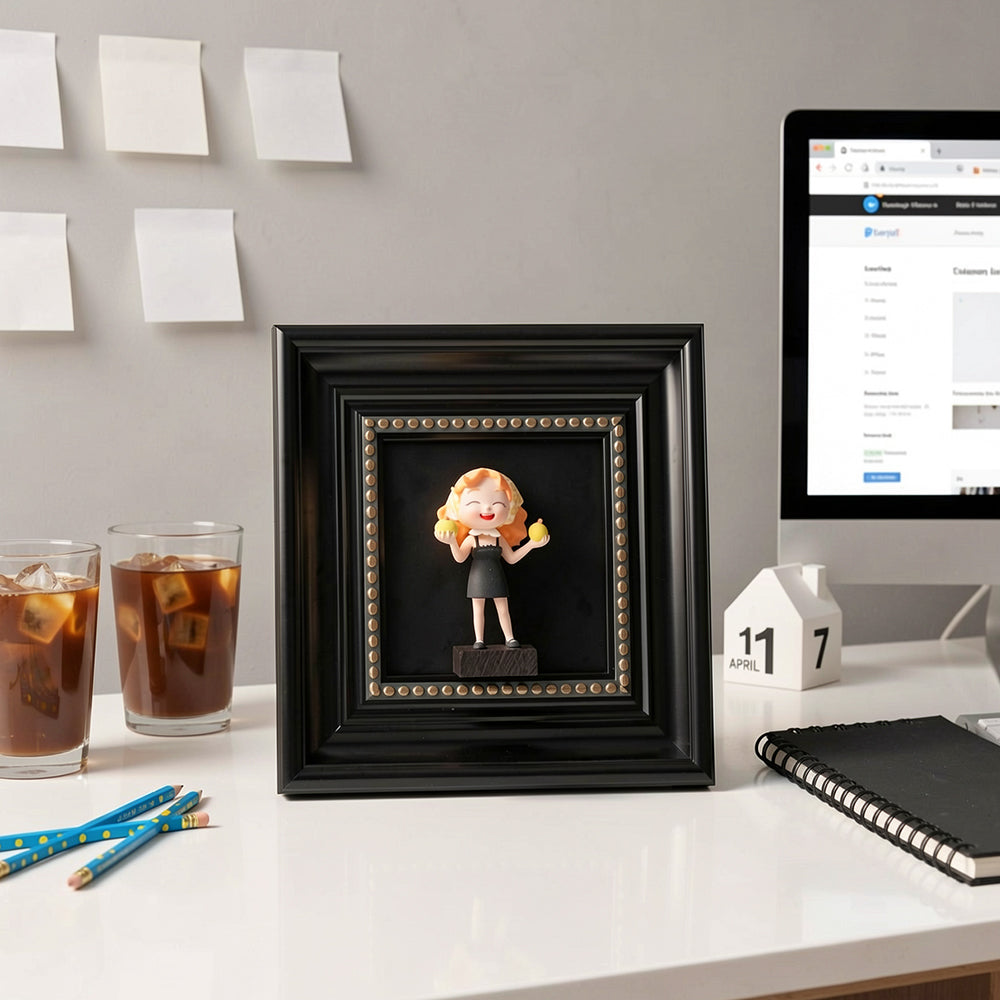 Main view of the SnapFig floating figurine display frame made of premium wood holding a custom 3D figure