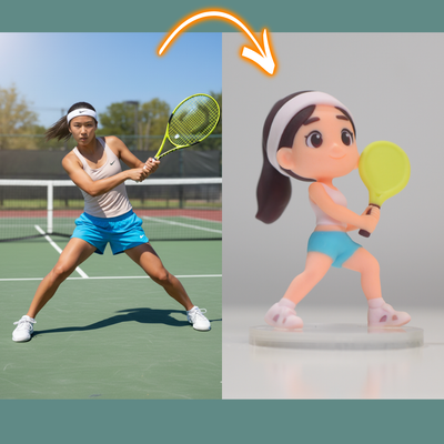 Real-life tennis player on a court next to a cartoon figurine of the same player.