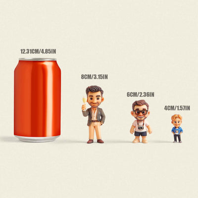 Comparison chart showing the size of action figures next to a can on a beige background