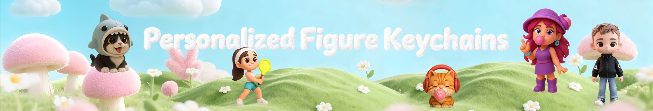 Promotional banner for personalized figure keychains with cartoon fcharacters for PC