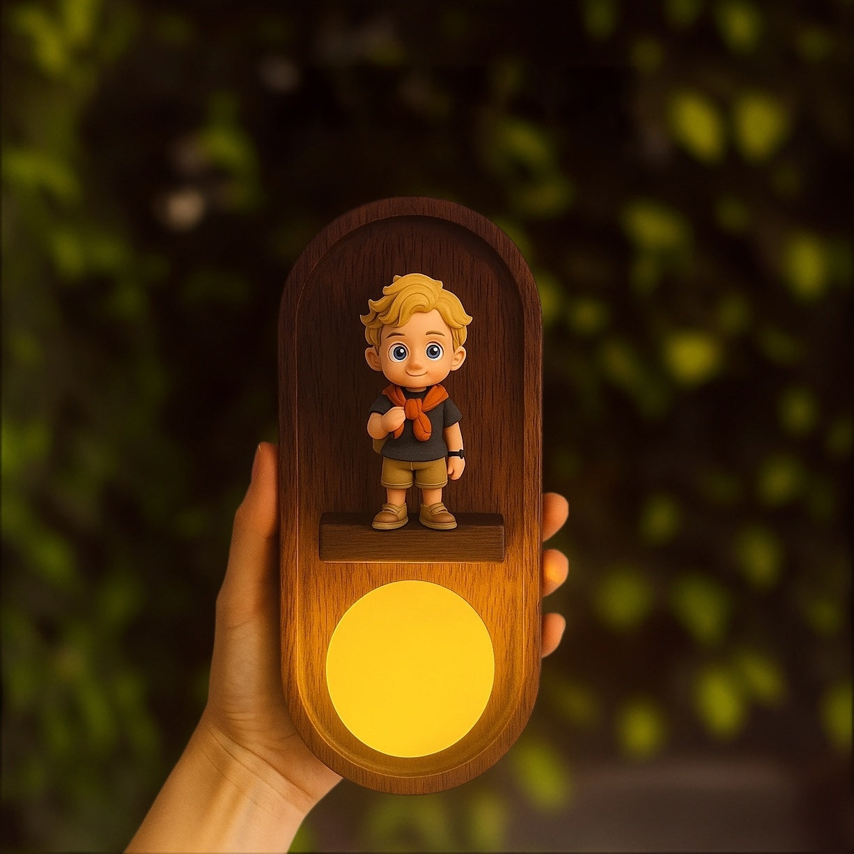 Wooden night light with a figurine of a boy holding a lamp, against a blurred green background.