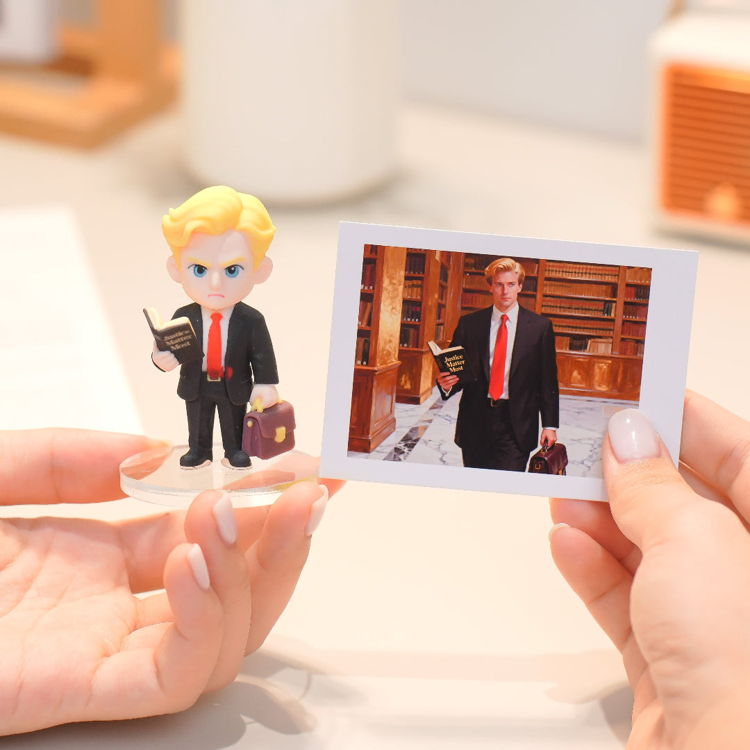 Figurine of a person in a suit holding a briefcase next to a photo of the same person in a courtroom setting.