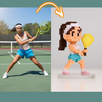 Real-life tennis player on a court next to a pixelated figure of the same player.