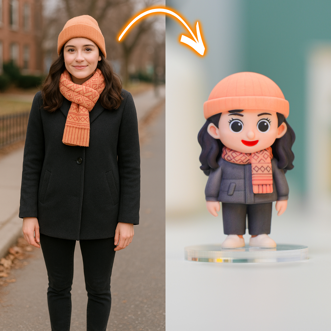 Custom Winter Chic 3D Figurine with Instagram Style Frame - Personalized Beanie Girl Doll