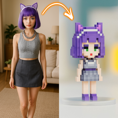 Person with purple hair and cat ears next to a pixelated character figure with similar design