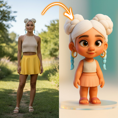 Real-life person on the left and cartoon character on the right with an arrow pointing from the person to the character.