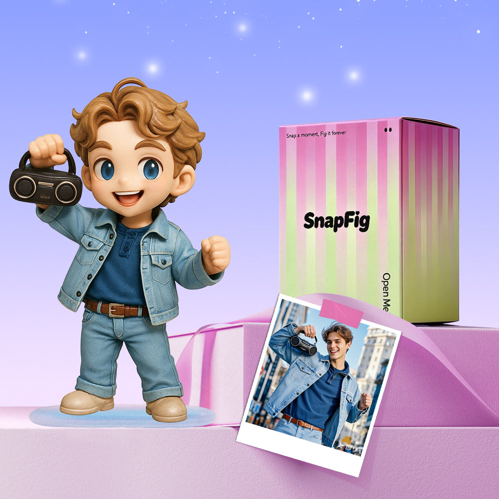 A personalized 3D husband figurine displayed proudly on a home office desk next to a laptop