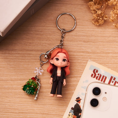 Personalized 3D Keychain from Photo with Crystal Christmas Tree Pendant Custom Cartoon Mini Figure Doll Unique Keyring & Creative Gift with Tree Accessory