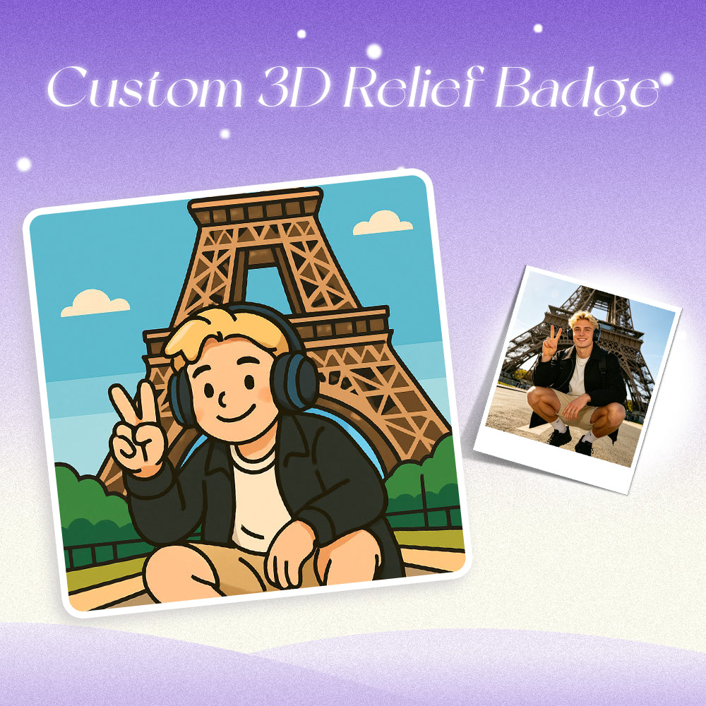 Macro close-up showing the hard 3D relief texture on the custom resin photo badge