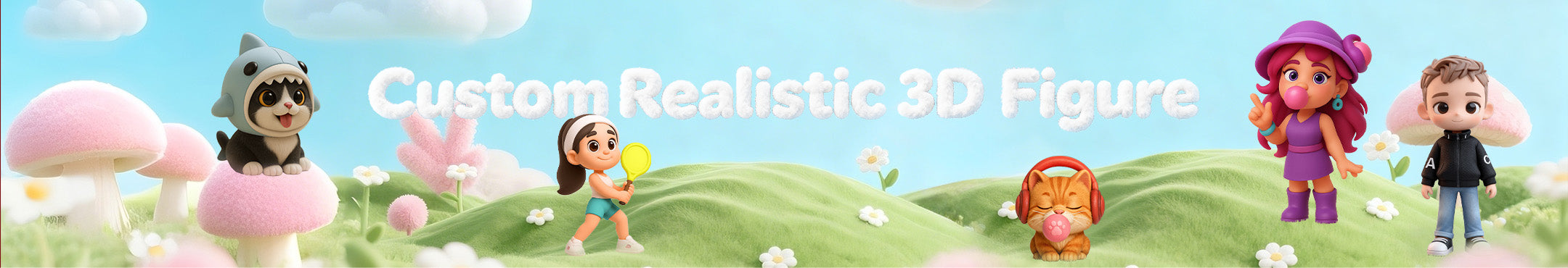 Promotional banner for custom realistic 3D figures with cartoon characters for PC