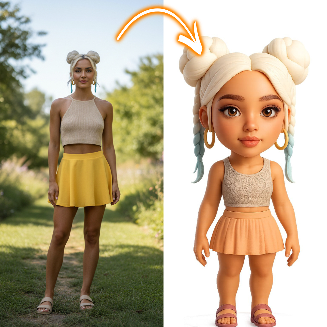 Comparison of a person in a yellow skirt and beige top with a doll wearing a similar outfit outdoors.