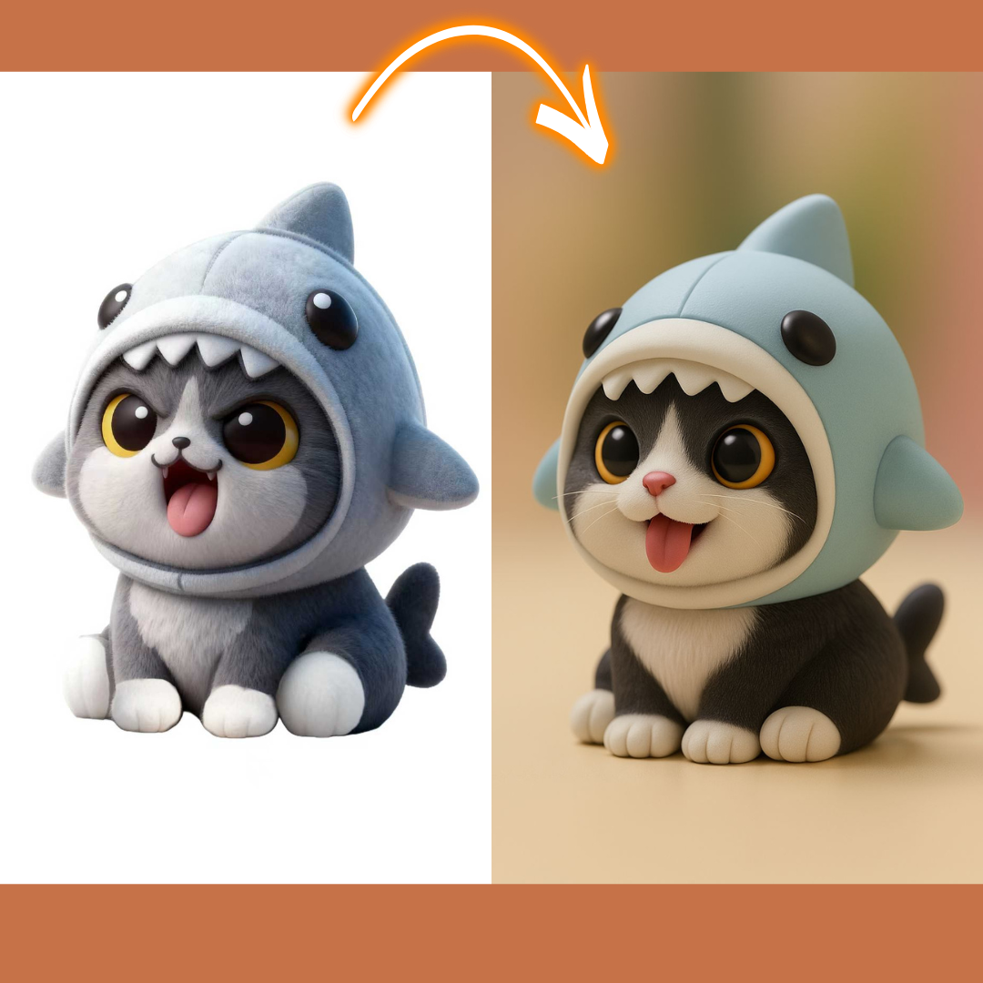 Two cat figurines wearing shark costumes on a white and brown background.