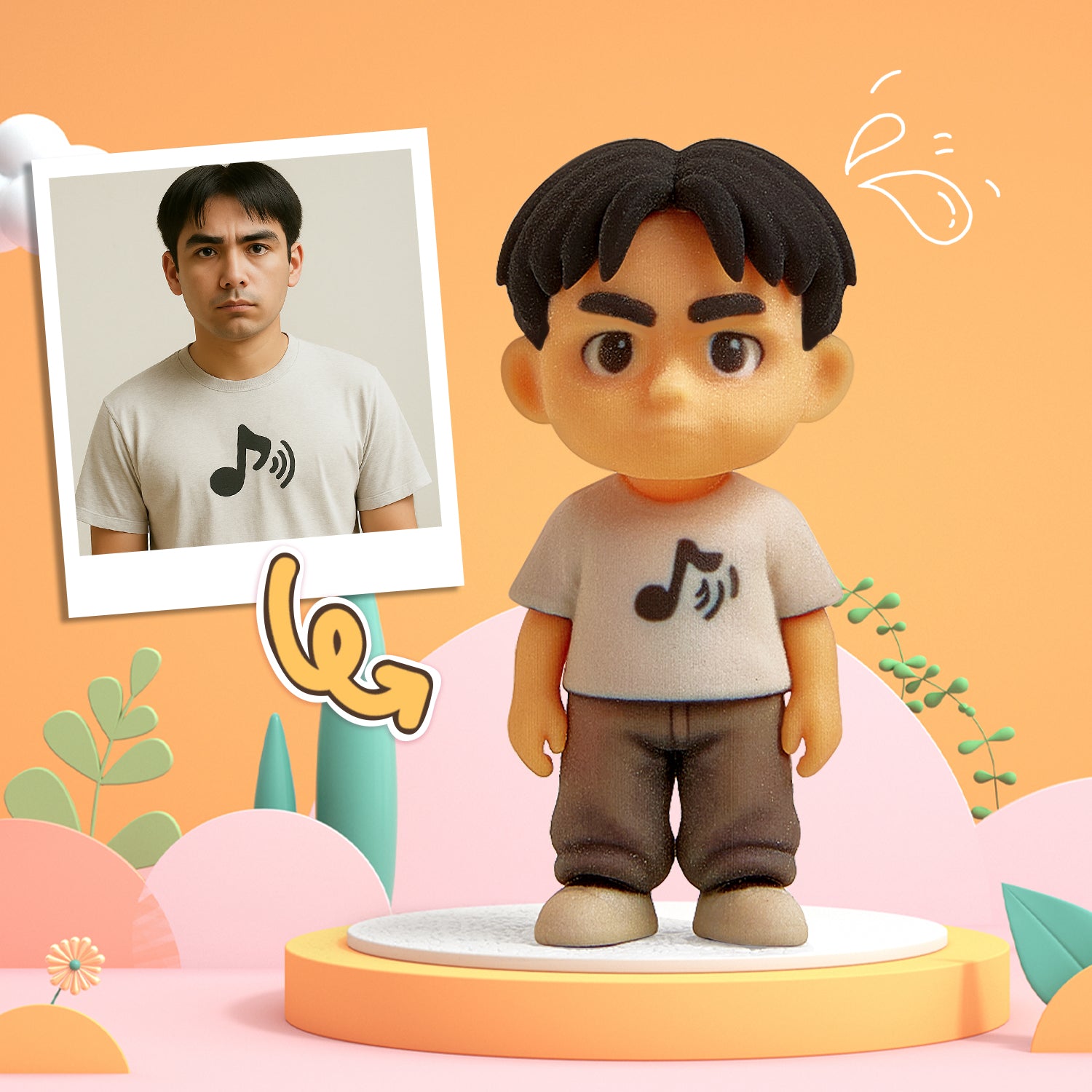 Toy figure of a person wearing a t-shirt with a music note design, standing on an orange platform with a colorful background.