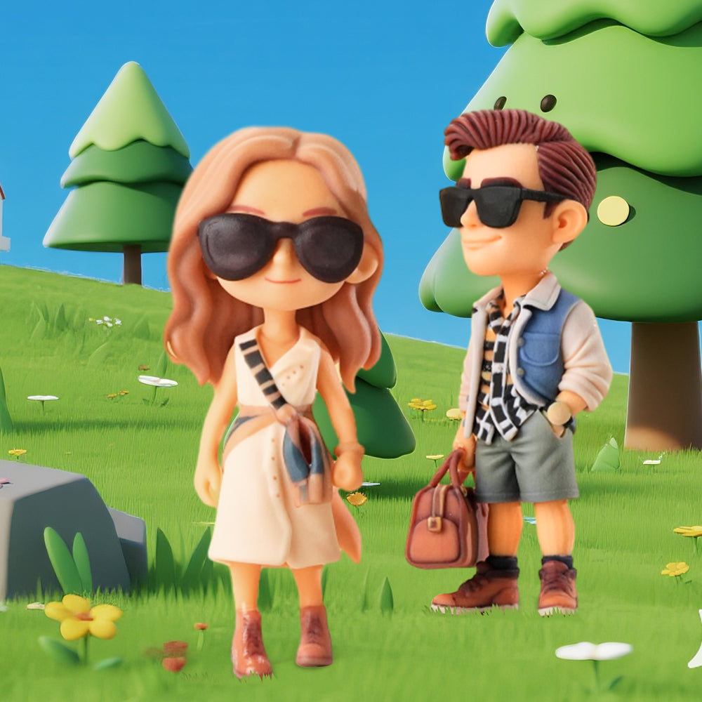 Custom Cartoon 3D Couple Figurines Personalized Mini Dolls Based on Photo Cute Style Travel Outfit Collectible Models for Gift or Decoration