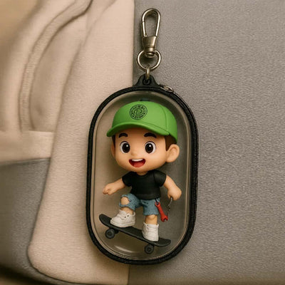 Keychain with a cartoon character wearing a green cap and black shirt, standing on a skateboard.
