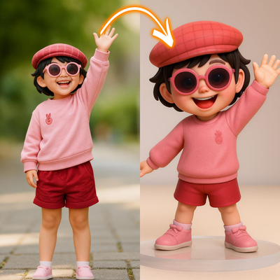 Child in pink outfit with sunglasses and red cap on a blurred outdoor background