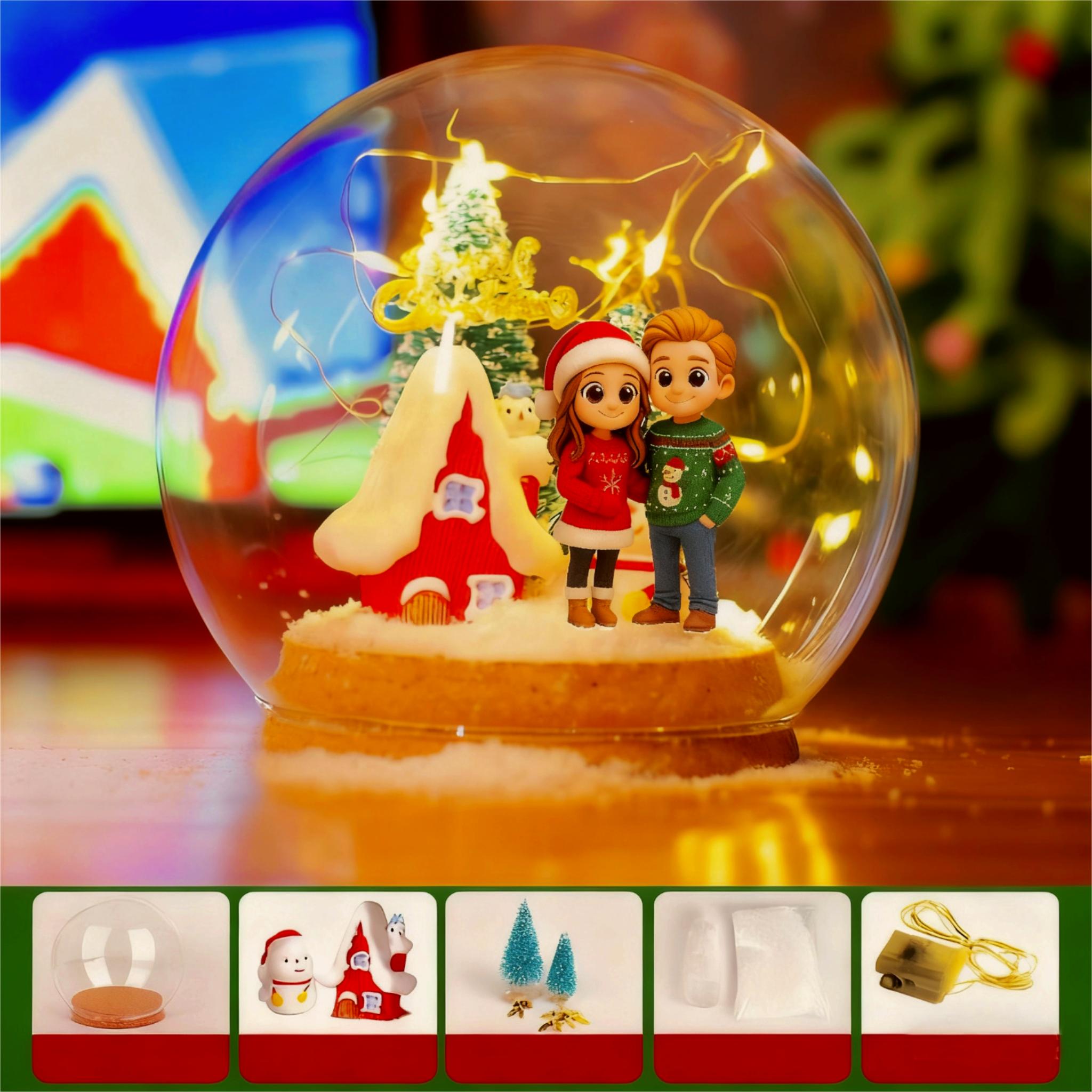 Christmas-themed snow globe with animated figures and lights, set against a festive background.