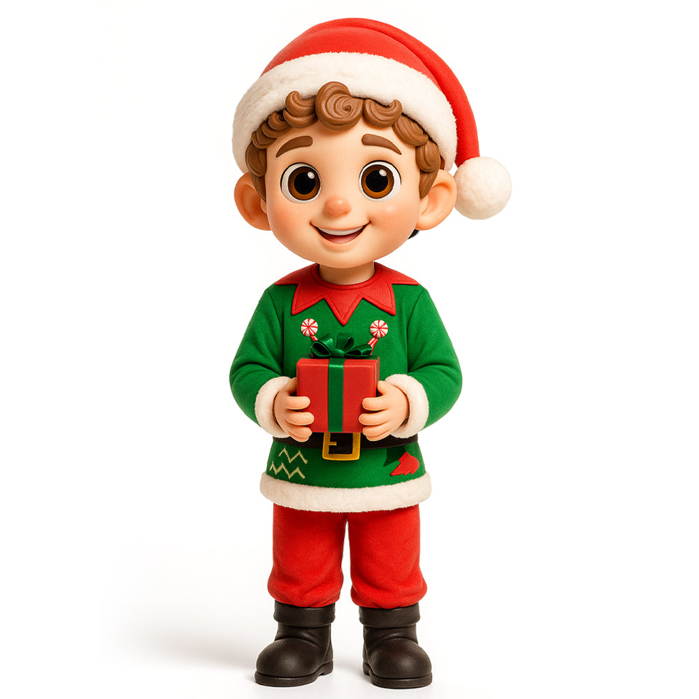 Christmas elf toy holding a gift box on a white background