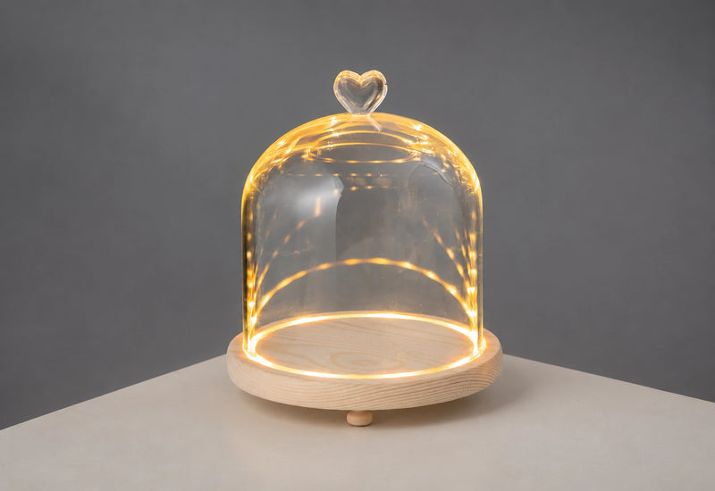 (Suitable for 3D Figures) Heart Wooden Base Glass Dome Fairy Light Lamp Warm LED Decorative Light