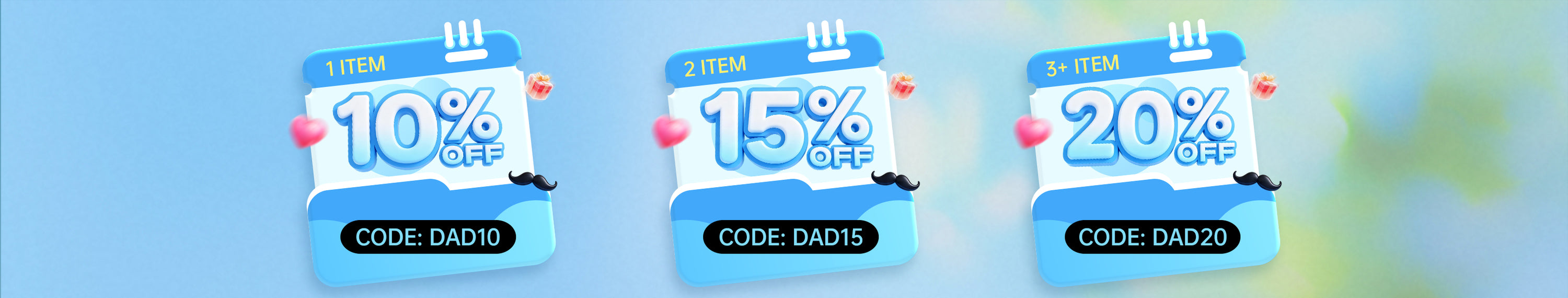 A graphic detailing the Father's Day tiered discounts using promo codes DAD10, DAD15, and DAD20.