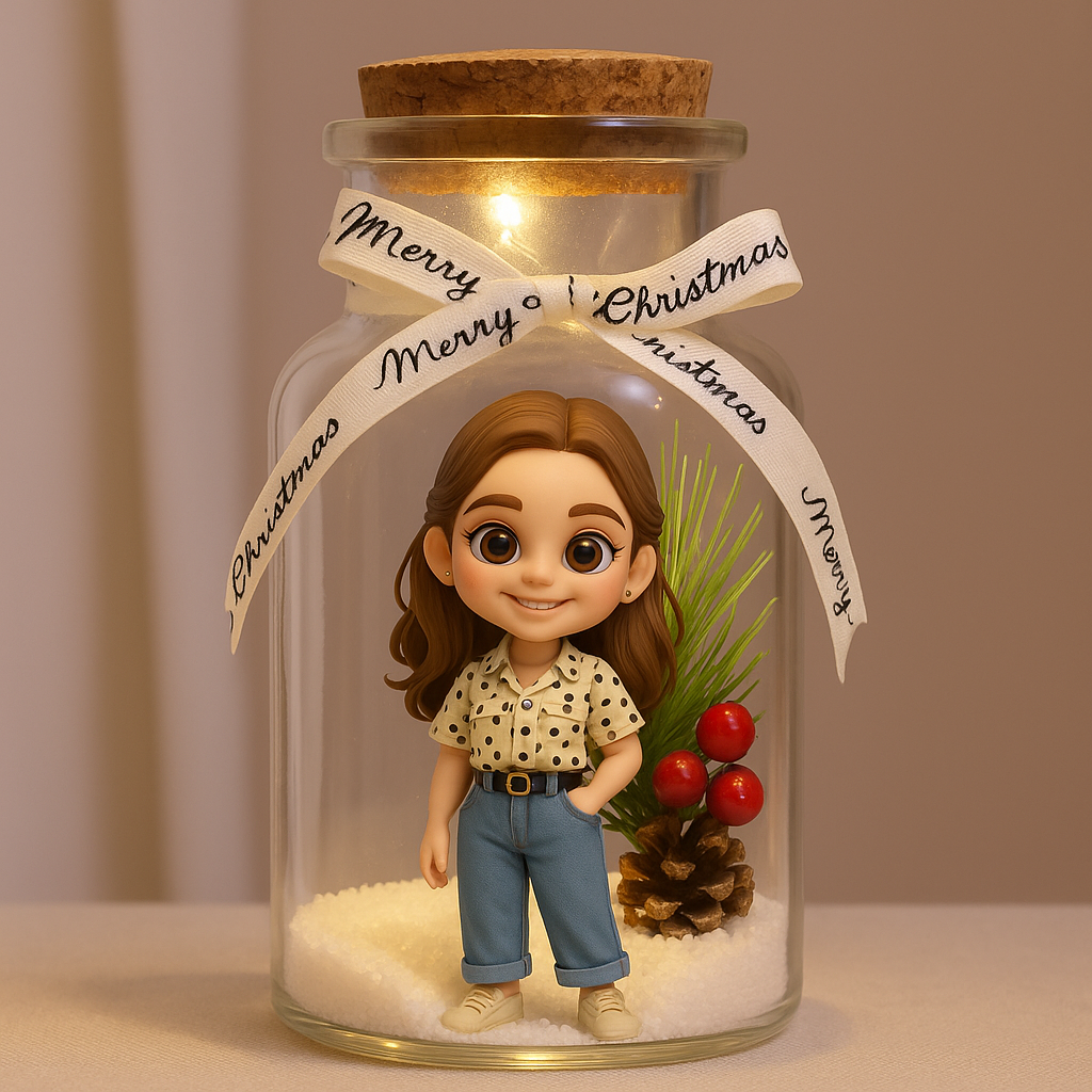 Figurine of a person in a glass jar with 'Merry Christmas' ribbon and festive decorations on a beige background.