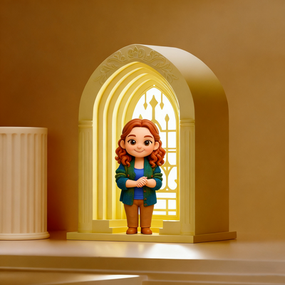 Animated character standing in a decorative archway with warm lighting