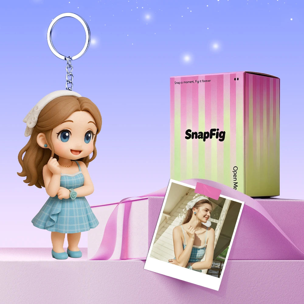Handcrafted custom 3D figure keychain in Chibi style made from a personal photo, crafted from premium full-color resin
