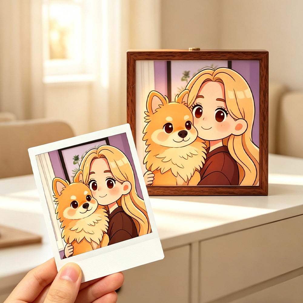 Front view of the custom 3D embossed photo frame lightbox emitting a warm yellow glow