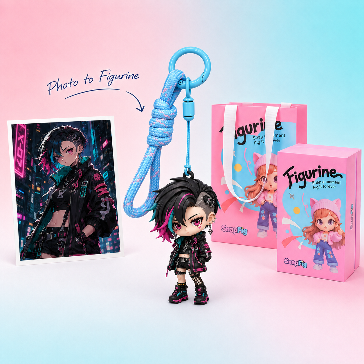 Custom anime figure keychain sculpted from original character art, shown with gift packaging