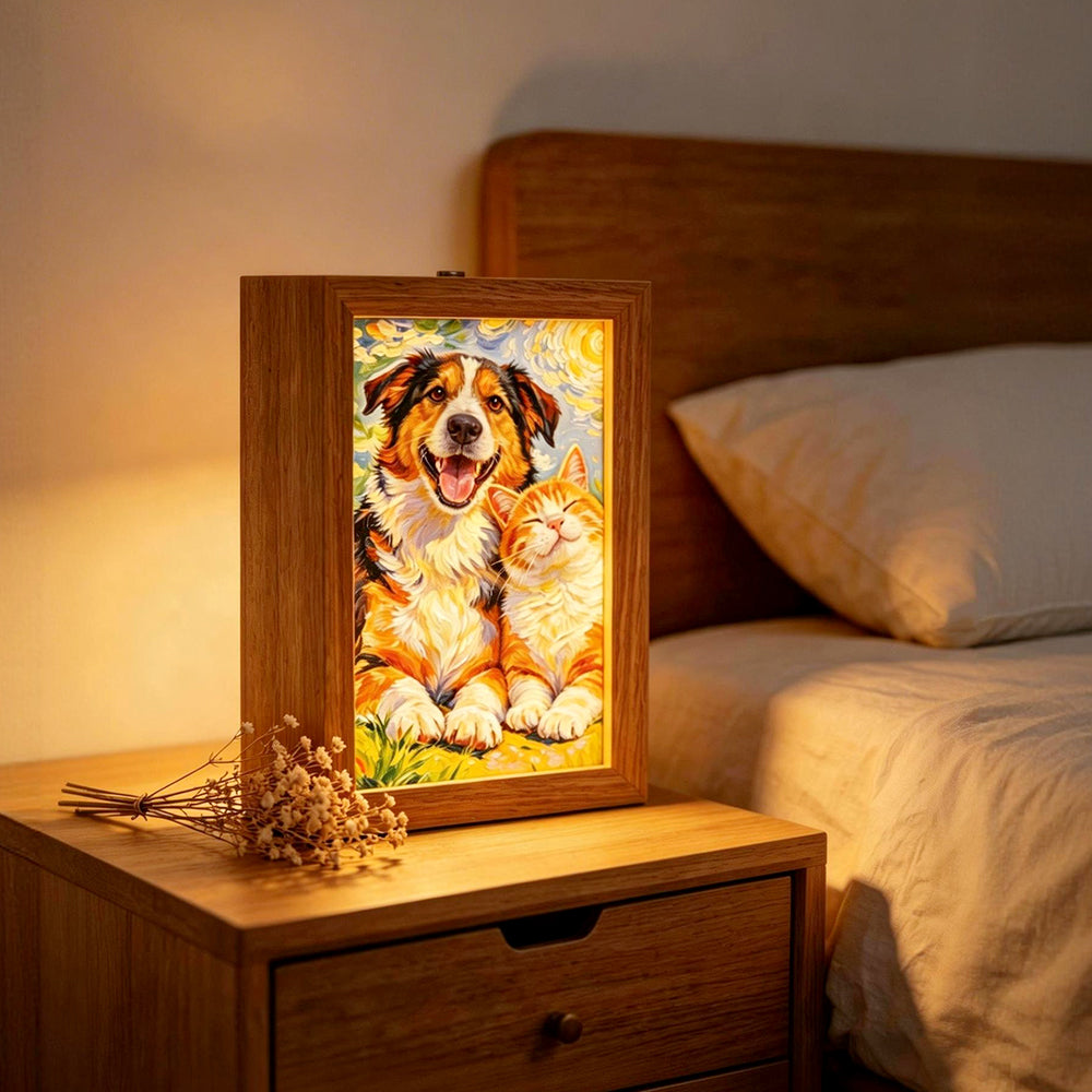 Custom 3D wood frame bedside lamp providing a warm ambiance on a bedroom nightstand