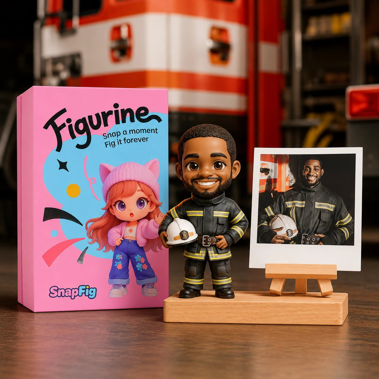 A custom firefighter figurine sculpted from a photo, shown in full turnout gear and helmet.