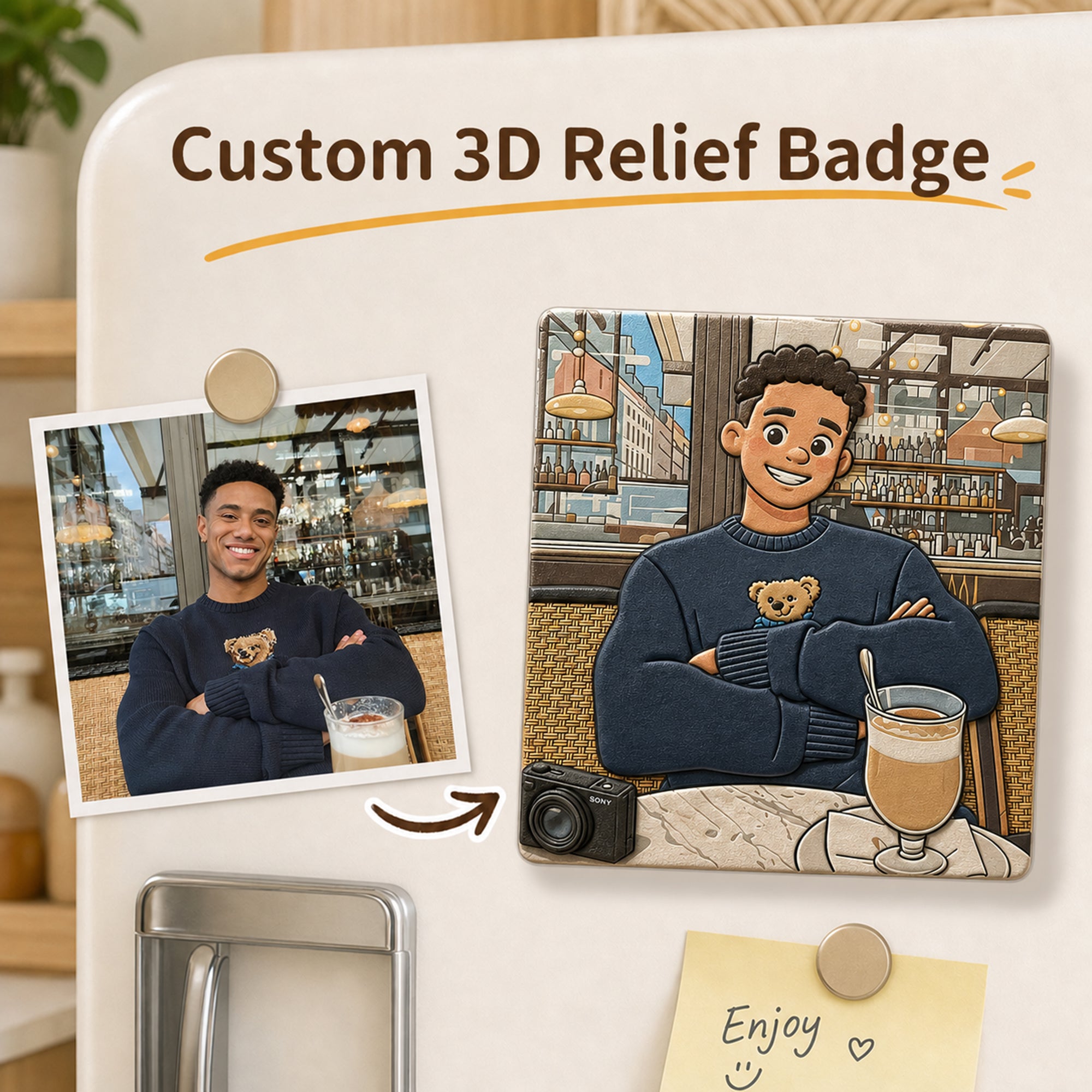 Custom fridge magnet made from a photo, shown in 3D relief style beside the original picture