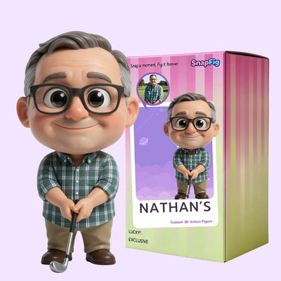 A custom golf dad figurine handcrafted from a photo showing a gray-haired man holding a golf club as a Father's Day gift