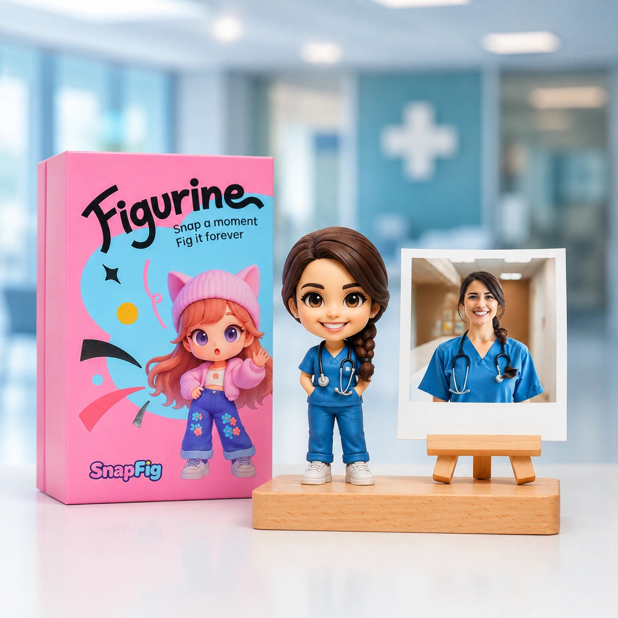 A custom nurse figurine sculpted from a photo, shown in scrubs with a stethoscope and badge.