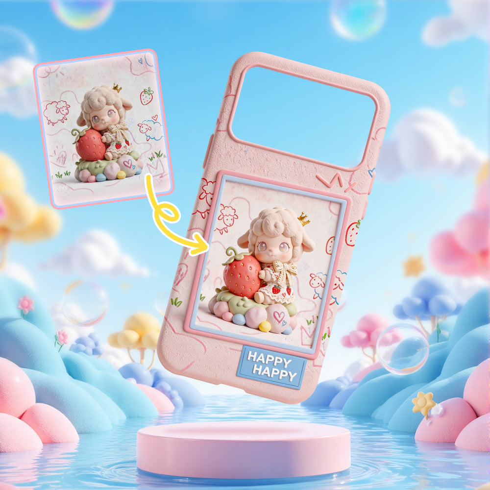 Close-up of the textured 3D relief printing on a custom photo phone case, highlighting the high-quality tactile feel