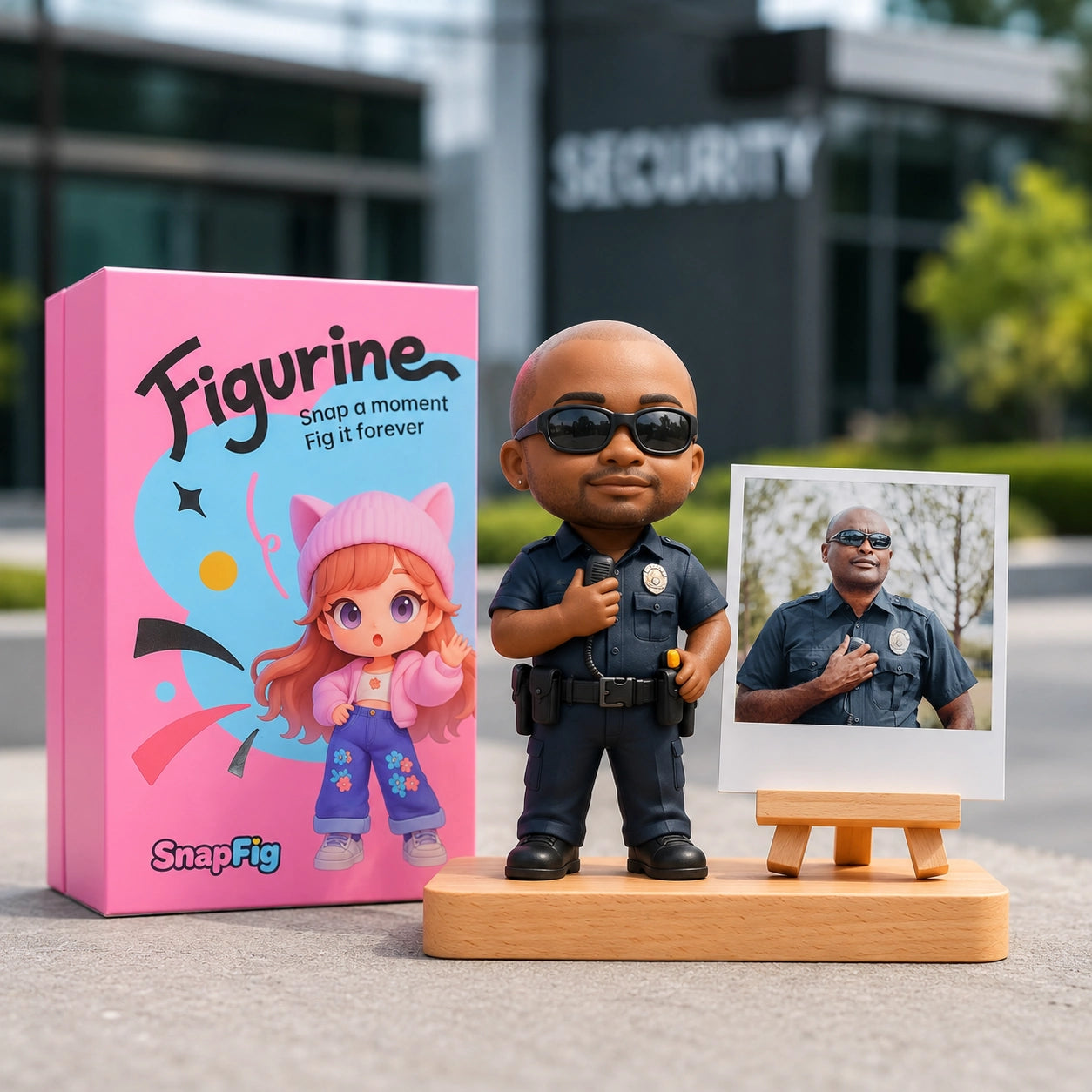 A custom police officer figurine sculpted from a customer photo in full uniform.